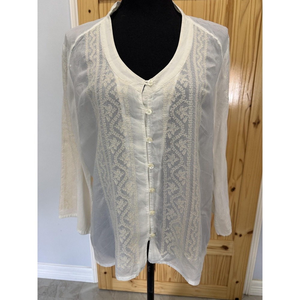 J. Jill Blouse Womens Medium White Embroidered Sheer Button‎ Front V Neck